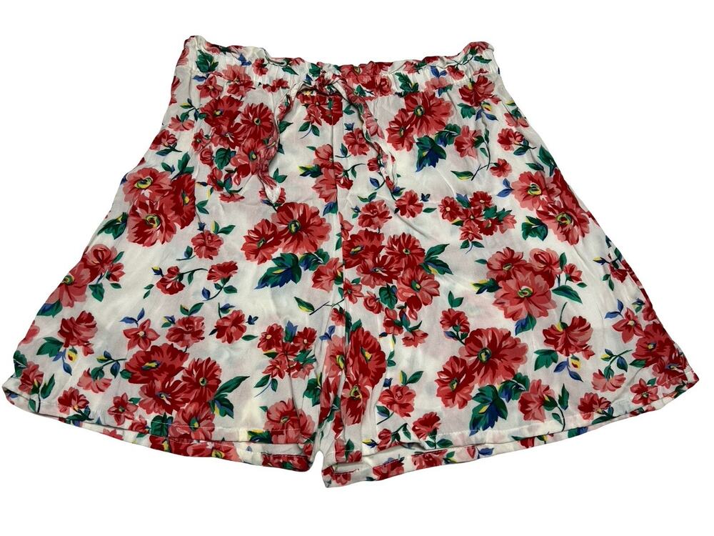 Vintage 80s High Waisted Floral Print Shorts Rayon Elastic Waist Sz M